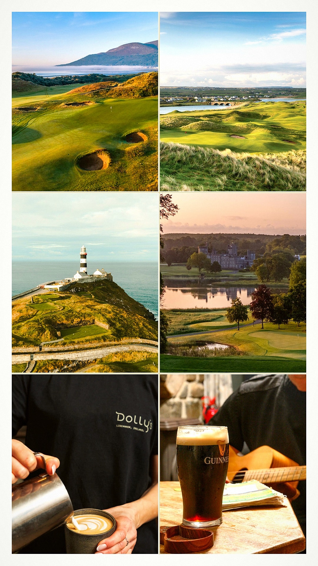Collage of an Irish golf trip — links fairways, coastal greens, sunset, and the Old Glen Bar